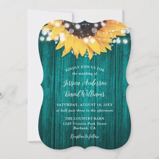 Teal Sunflower String Lights Wood Wedding Kaart (Voorkant)