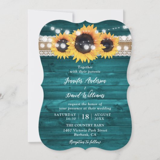 Teal Sunflower Wood Burlap String Lights Wedding Kaart (Voorkant)