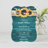 Teal Sunflower Wood Burlap String Lights Wedding Kaart (Staand voorkant)