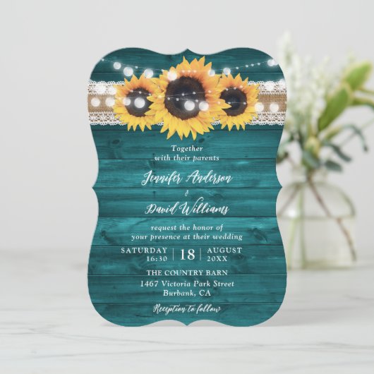 Teal Sunflower Wood Burlap String Lights Wedding Kaart (Staand voorkant)