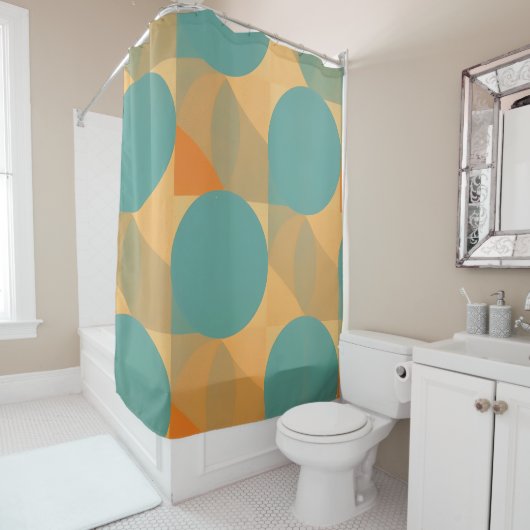 Teal, Tan en Oranje in Retro Look Patroon Douchegordijn (In situ)