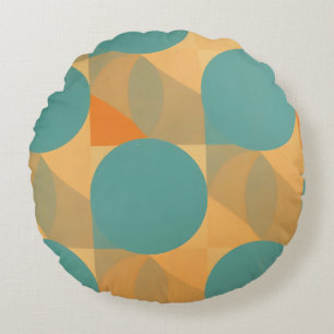 Teal, Tan en Oranje in Retro Look Patroon Rond Kussen