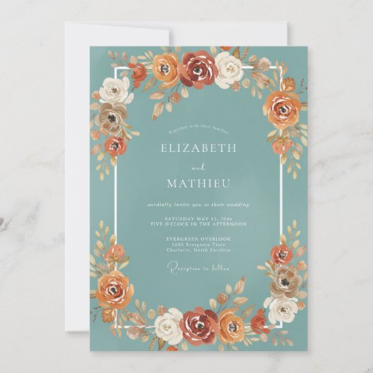 Teal Terracotta Bloem Bruiloft Kaart (Voorkant)