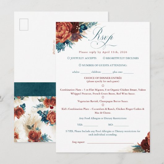 Teal Terracotta Floral Boho Wedding RSVP Card (Voorkant / Achterkant)