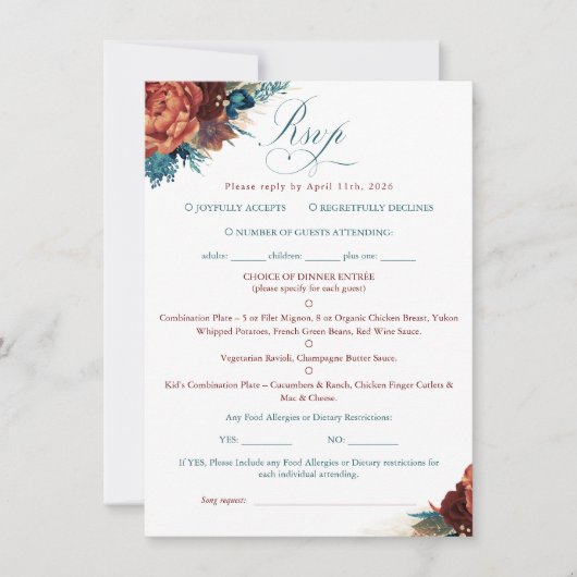 Teal Terracotta Floral Boho Wedding RSVP Card (Voorkant)