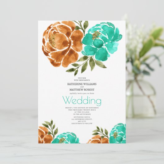 Teal Terracotta Watercolor Bloem Boho  Kaart (Staand voorkant)