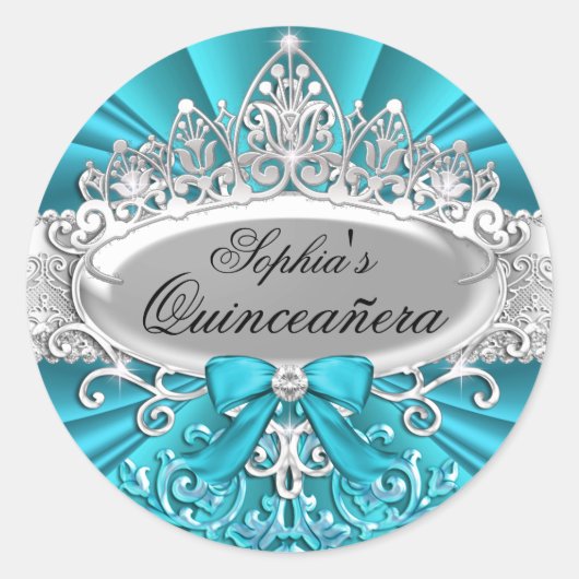 Teal Tiara & Damask Quinceanera Sticker (Voorkant)