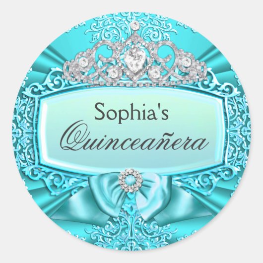 Teal Tiara & Damask Quinceanera Sticker (Voorkant)