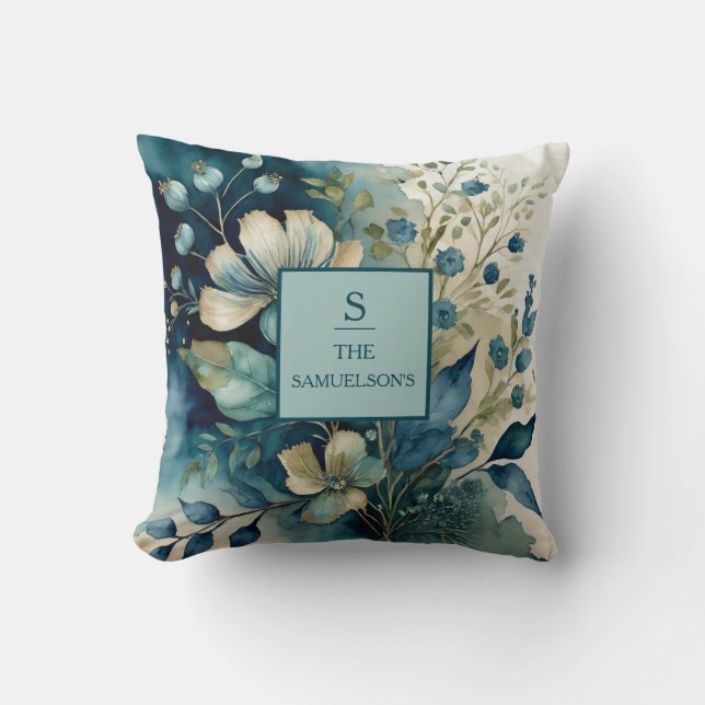 Teal Tranquiliteit: Botanische Zaligheid Kussen (Voorkant)
