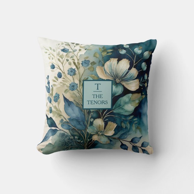 Teal Tranquiliteit: Botanische Zaligheid Kussen (Voorkant)