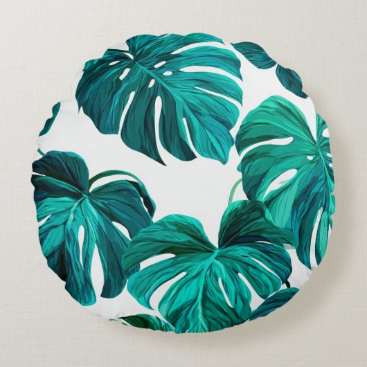 Teal Tropical Monstera Leaf Seamless Pattern Art Rond Kussen (Voorkant)