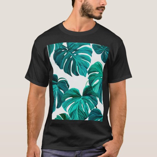 Teal Tropical Monstera Leaf Seamless Pattern Art T-shirt (Voorkant)