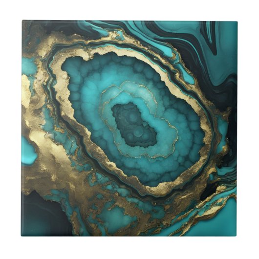 Teal Turquoise and Gold Agate Geode Liquid Marble Tegeltje (Voorkant)
