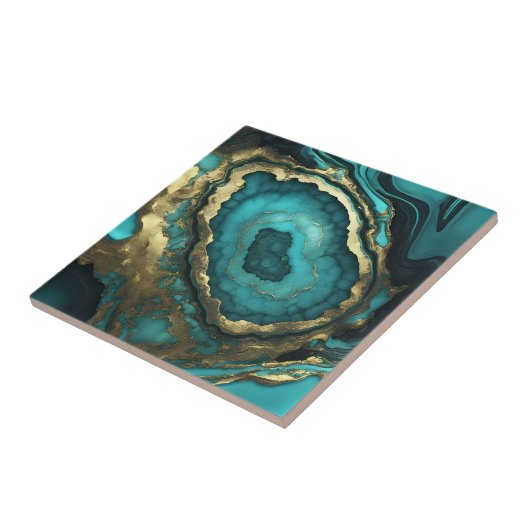 Teal Turquoise and Gold Agate Geode Liquid Marble Tegeltje (Zijkant)