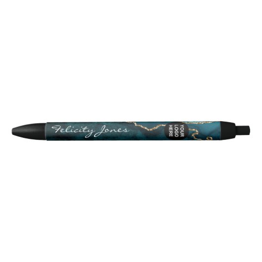 Teal - Turquoise en Goud Agate Zakelijk Zwarte Inkt Pen (Voorkant)