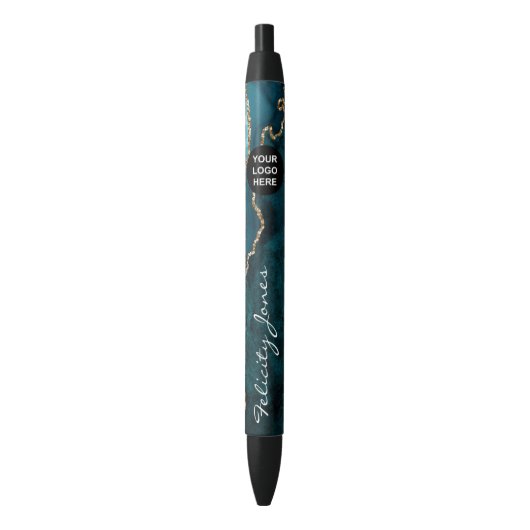 Teal - Turquoise en Goud Agate Zakelijk Zwarte Inkt Pen (Voorkant Verticaal)