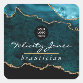 Teal - Turquoise en Goud Geode Agate Zakelijk Vierkante Sticker
