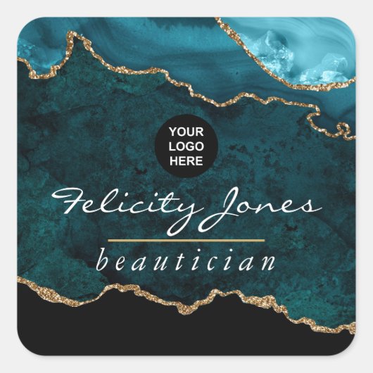 Teal - Turquoise en Goud Geode Agate Zakelijk Vierkante Sticker (Voorkant)