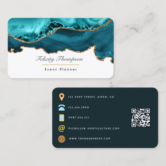 Teal - Turquoise en gouden agatsteen QR-code Visitekaartje (Voorkant / Achterkant)