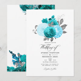 Teal - Turquoise en Zilveren Bruiloft met Bloemen Kaart