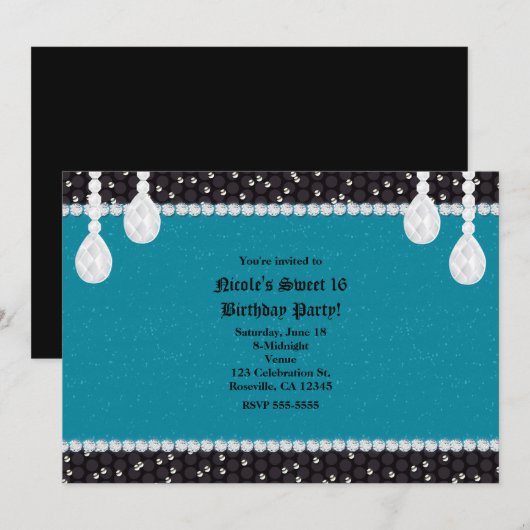 Teal Turquoise & Glam Diamonds Feest uitnodigingen (Voorkant / Achterkant)