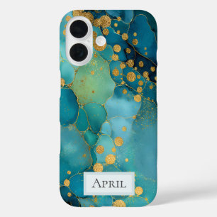 Teal, Turquoise & Goud Marmer iPhone 16 Hoesje