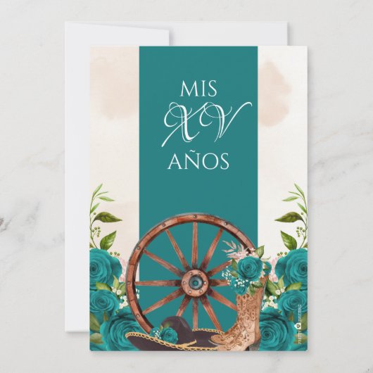 Teal Turquoise Quinceanera Charro Westerse Roos Kaart (Achterkant)