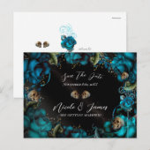Teal Turquoise Rozen Schedels Gotisch Bewaar de Da Aankondigingskaart (Voorkant / Achterkant)