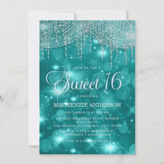 Teal Turquoise Slingerlichten Bokeh Sweet 16 Kaart (Voorkant)