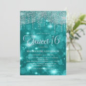 Teal Turquoise Slingerlichten Bokeh Sweet 16 Kaart (Staand voorkant)