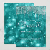 Teal Turquoise Slingerlichten Bokeh Sweet 16 Kaart (Voorkant / Achterkant)