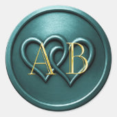 Teal Two Hearts Intertwined Monogram Wedding Ronde Sticker (Voorkant)