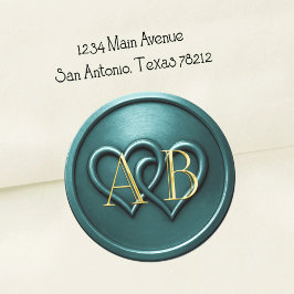 Teal Two Hearts Intertwined Monogram Wedding Ronde Sticker