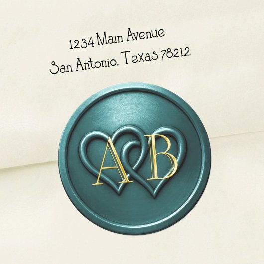 Teal Two Hearts Intertwined Monogram Wedding Ronde Sticker