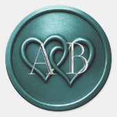 Teal Two Hearts Silver Monogram Wedding Ronde Sticker (Voorkant)