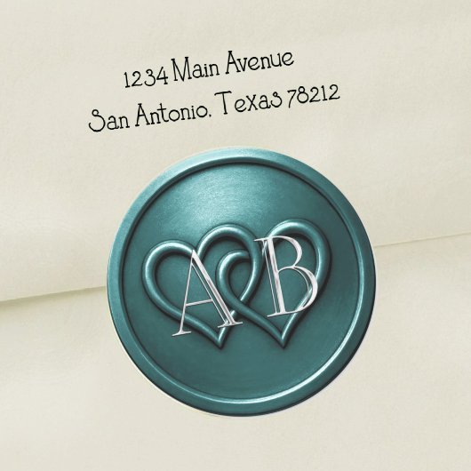 Teal Two Hearts Silver Monogram Wedding Ronde Sticker