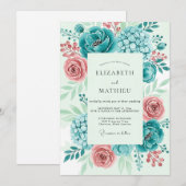 Teal Vibrant Peony Spring Wedding Kaart (Voorkant / Achterkant)