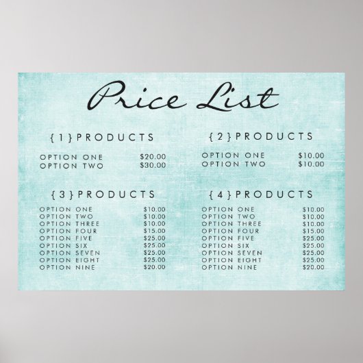 Teal Wall Service Prijs Menu Op Maat Gedrukt Poster (Voorkant)