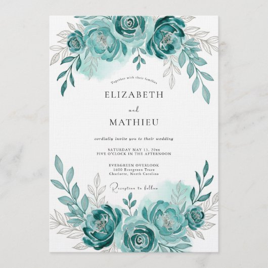 Teal Watercolor Bloom Romance Wedding Kaart (Voorkant)