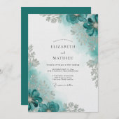 Teal Watercolor Bloom Wedding Kaart (Voorkant / Achterkant)