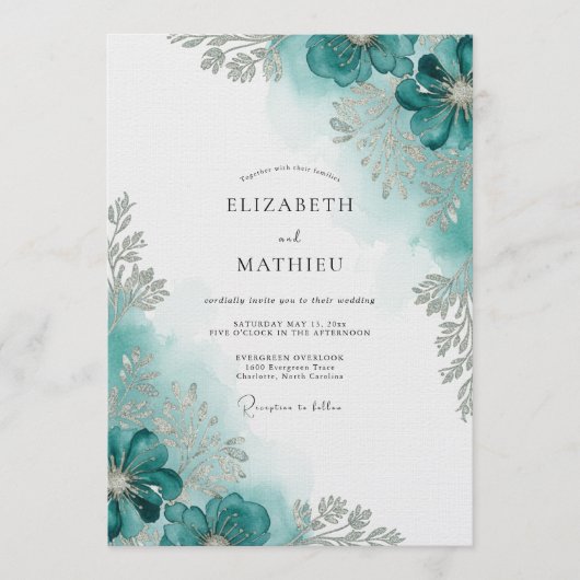 Teal Watercolor Bloom Wedding Kaart (Voorkant)