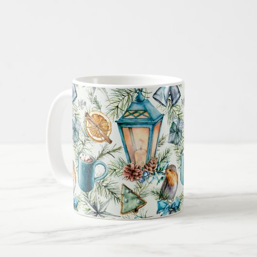 Teal Watercolor Christmas Elements Pattern Koffiemok (Voorkant links)