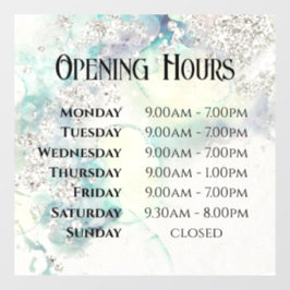 Teal Waterverf Glitter Openingstijden Ramensticker Raamsticker