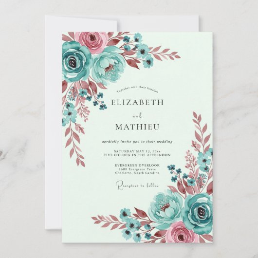 Teal Whimsical Botanical Spring Wedding Kaart (Voorkant)