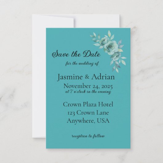 Teal Whisper Blooms Wedding Save The Date (Voorkant)