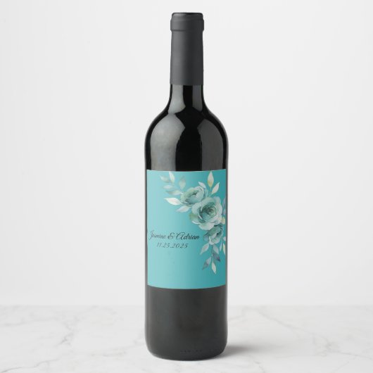 Teal Whisper Blooms Wedding Wijn Etiket (Voorkant)