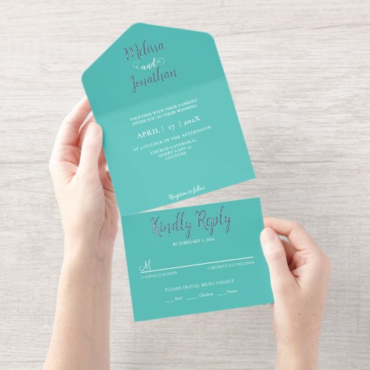 Teal White Elegant Wedding Bride and Groom Foil All In One Uitnodiging (Uittrekbaar)