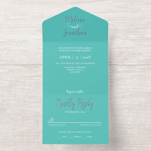 Teal White Elegant Wedding Bride and Groom Foil All In One Uitnodiging (Binnenkant)