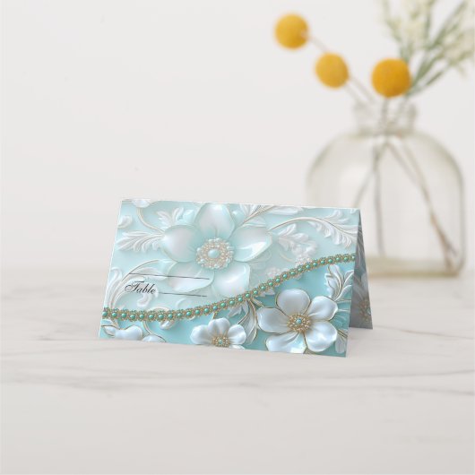 Teal White Floral Place Card Plaatskaartje (Voorkant)