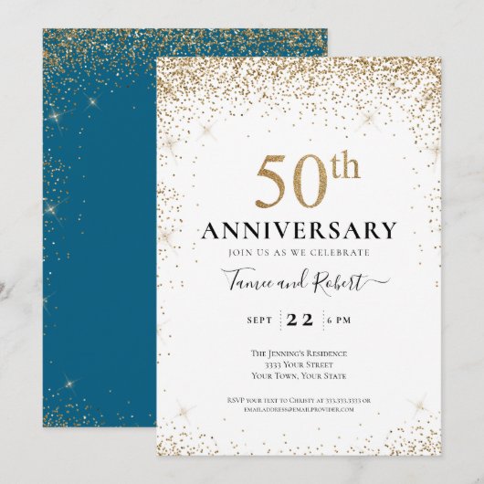 Teal White Gold 50th Wedding Anniversary  Kaart (Voorkant / Achterkant)